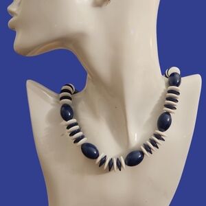 Vintage 1980s Blue and White Beaded Nautical Sailor Necklace